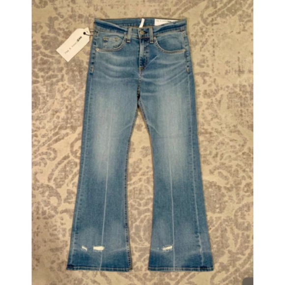 NWT Rag & Bone $225 Vale Distressed Crop Flare Blue Jeans - Picture 2 of 4
